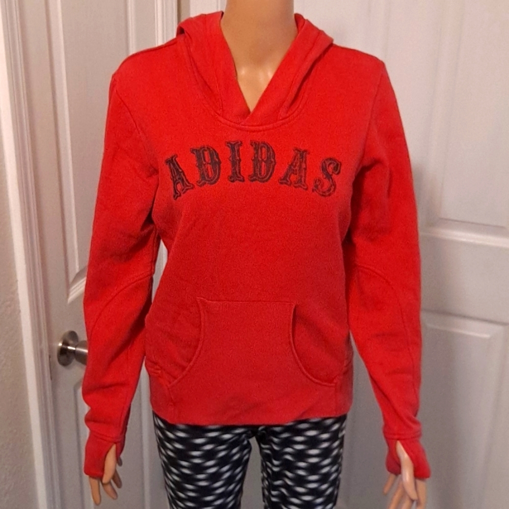 Vintage Adidas Red Hoodie Sweatshirt with Logo on Front and Kangaroo Pocket